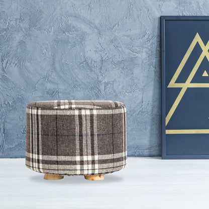 Fabric Ottoman Round Wooden Leg Foot Stool - LATTICE - Cosy Abode
