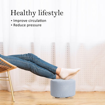 Fabric Ottoman Round Wooden Leg Foot Stool - LIGHT BLUE - Cosy Abode