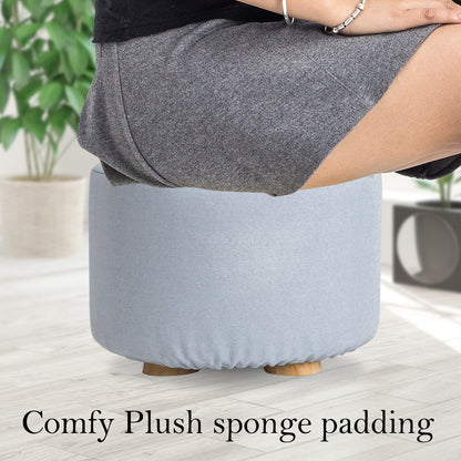 Fabric Ottoman Round Wooden Leg Foot Stool - LIGHT BLUE - Cosy Abode