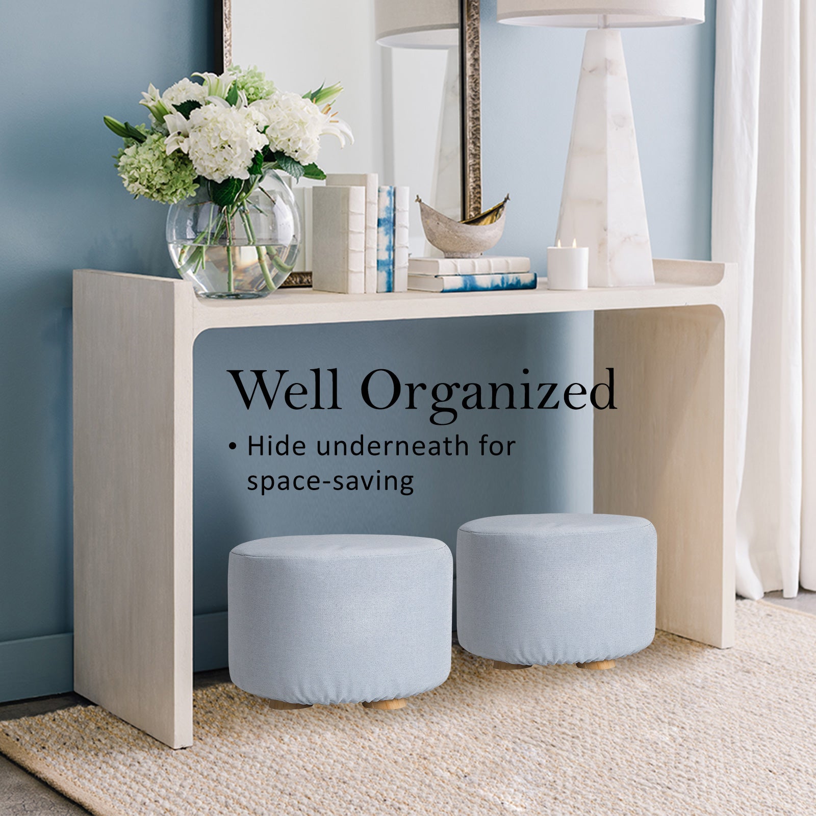 Fabric Ottoman Round Wooden Leg Foot Stool - LIGHT BLUE - Cosy Abode