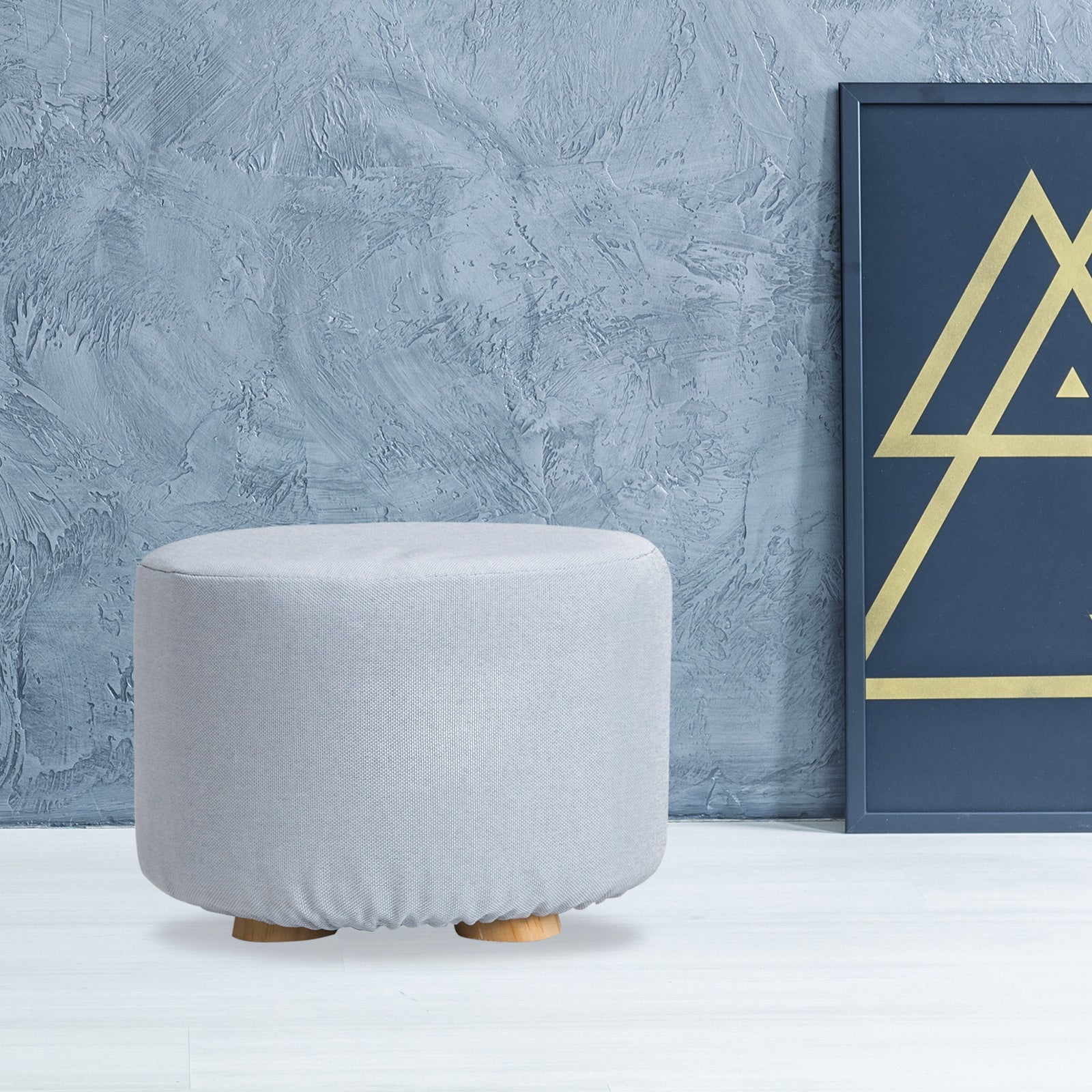 Fabric Ottoman Round Wooden Leg Foot Stool - LIGHT BLUE - Cosy Abode