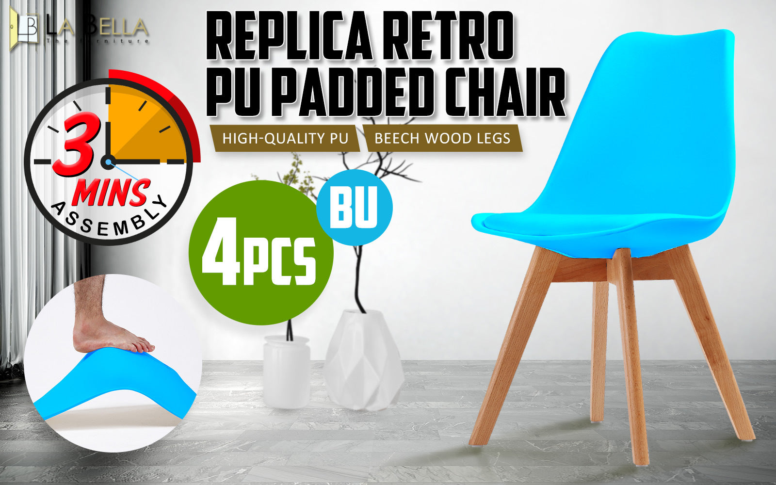 La Bella 4 Set Blue Retro Dining Cafe Chair Padded Seat - Cosy Abode