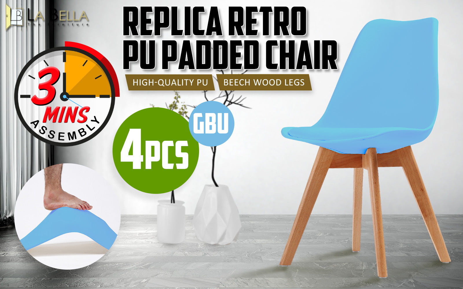 La Bella 4 Set Grey Blue Retro Dining Cafe Chair Padded Seat - Cosy Abode