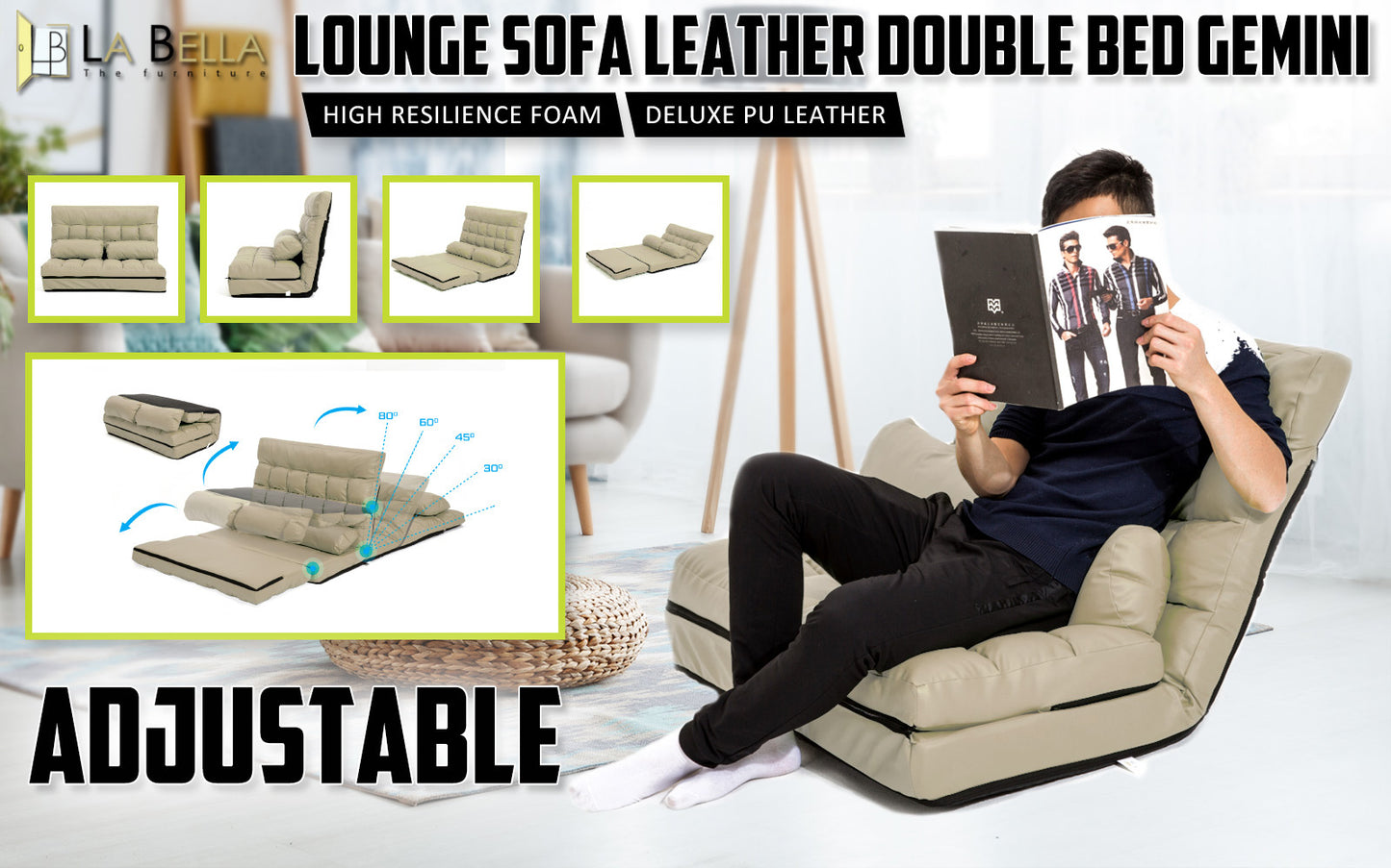 Lounge Couch Sofa Bed Double Seat Leather GEMINI BEIGE - Cosy Abode