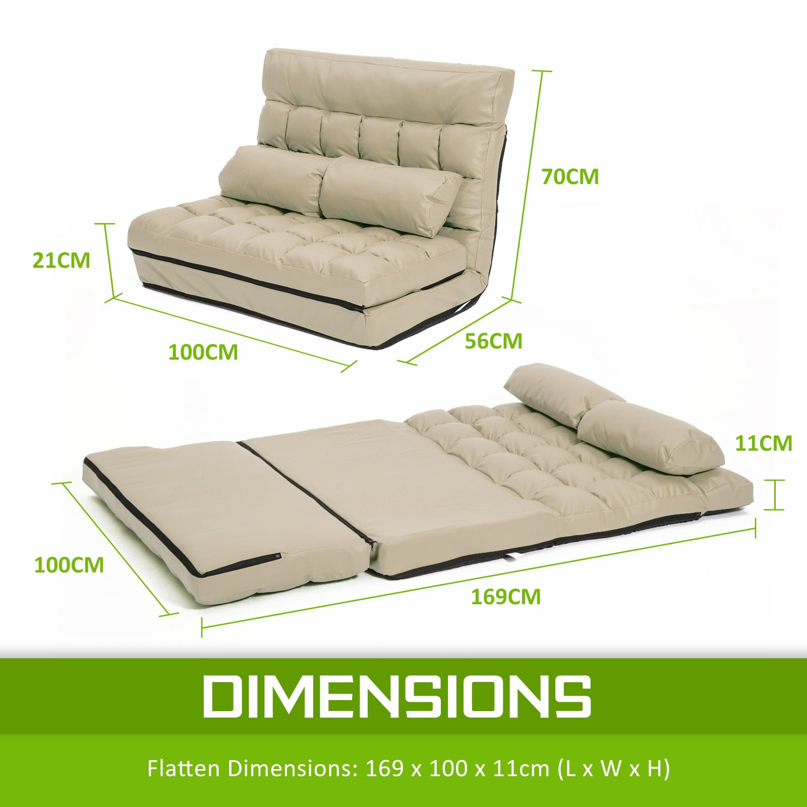 Lounge Couch Sofa Bed Double Seat Leather GEMINI BEIGE - Cosy Abode