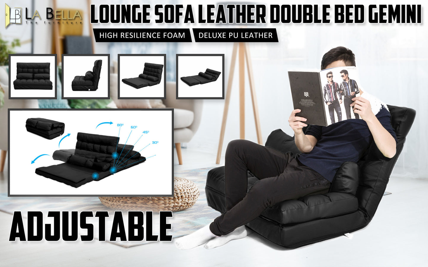 Lounge Couch Sofa Bed Double Seat Leather GEMINI BLACK - Cosy Abode