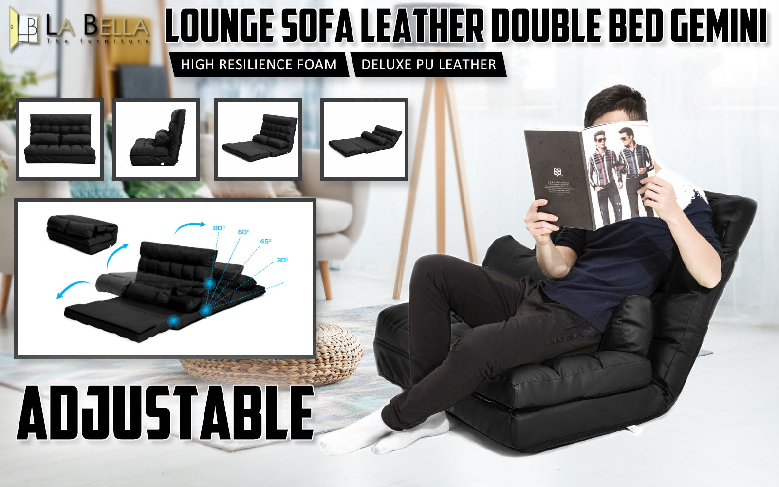 Lounge Couch Sofa Bed Double Seat Leather GEMINI BLACK - Cosy Abode