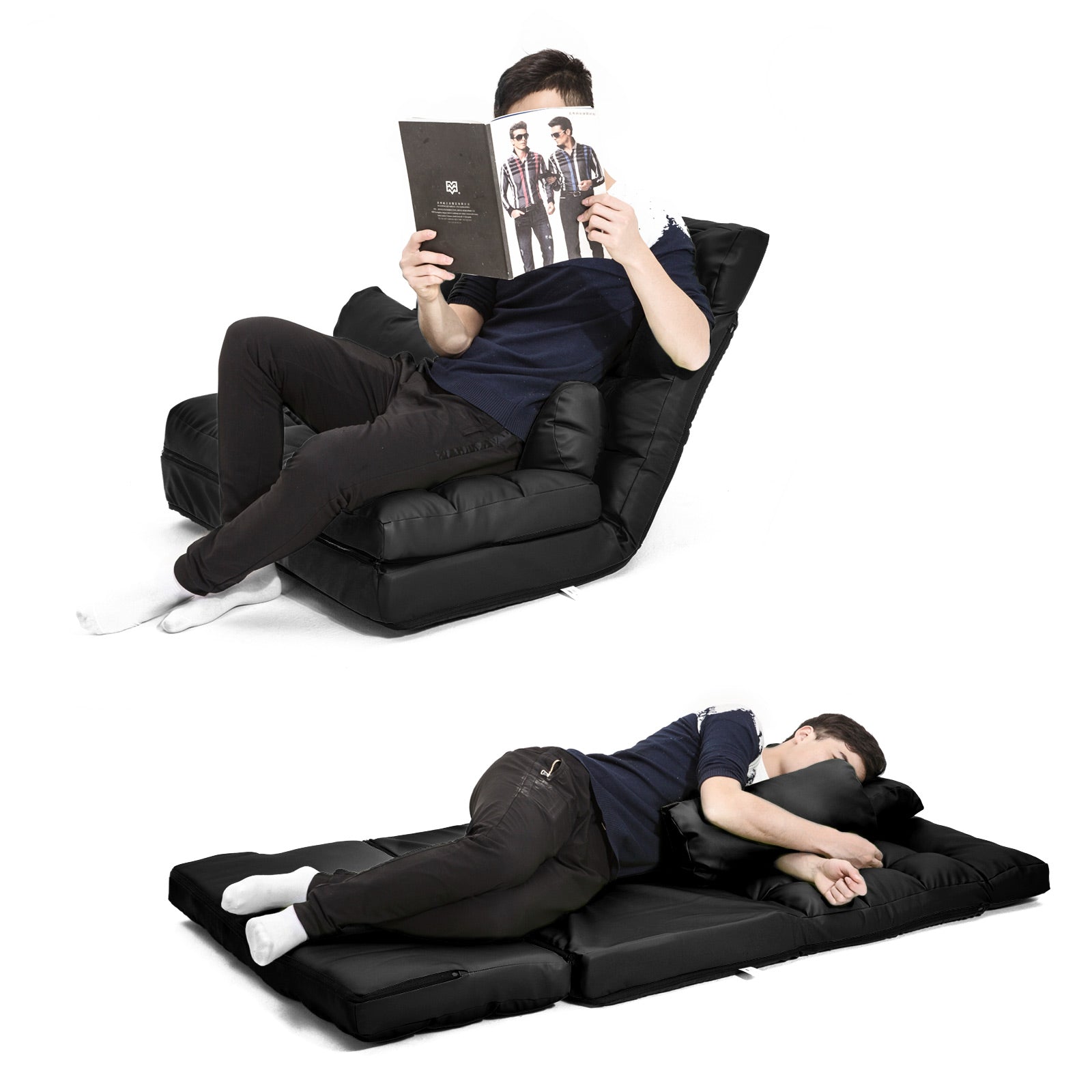 Lounge Couch Sofa Bed Double Seat Leather GEMINI BLACK - Cosy Abode
