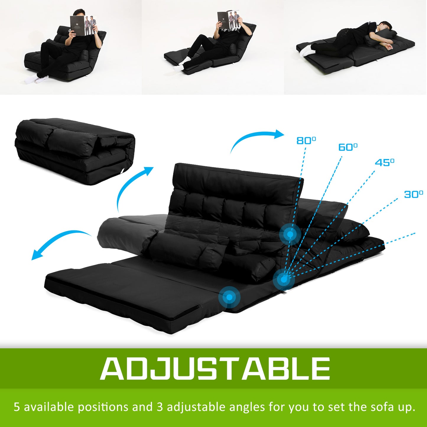 Lounge Couch Sofa Bed Double Seat Leather GEMINI BLACK - Cosy Abode