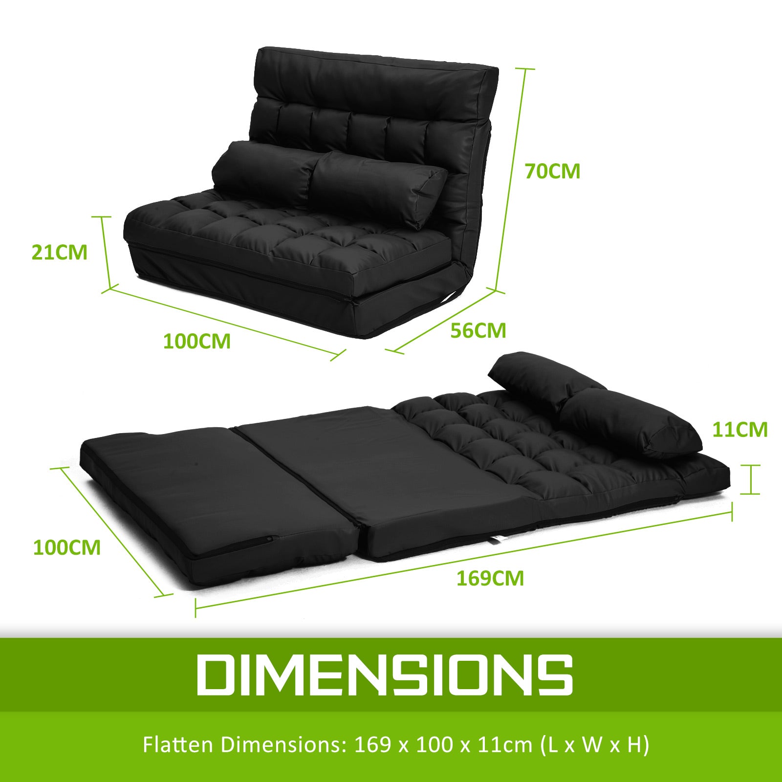 Lounge Couch Sofa Bed Double Seat Leather GEMINI BLACK - Cosy Abode