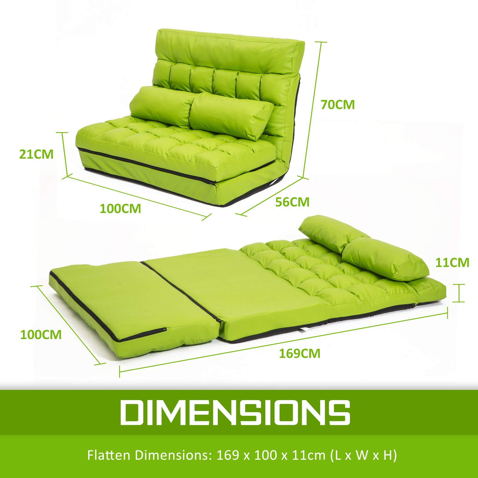 Lounge Couch Sofa Bed Double Seat Leather GEMINI GREEN - Cosy Abode