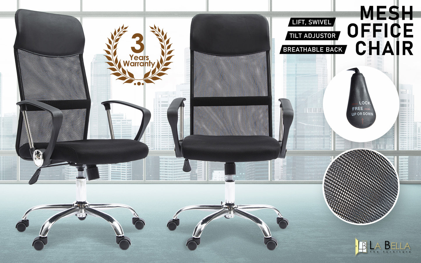 Office Chair Mesh High Back In-Built Lumbar BREEZE BLACK - Cosy Abode