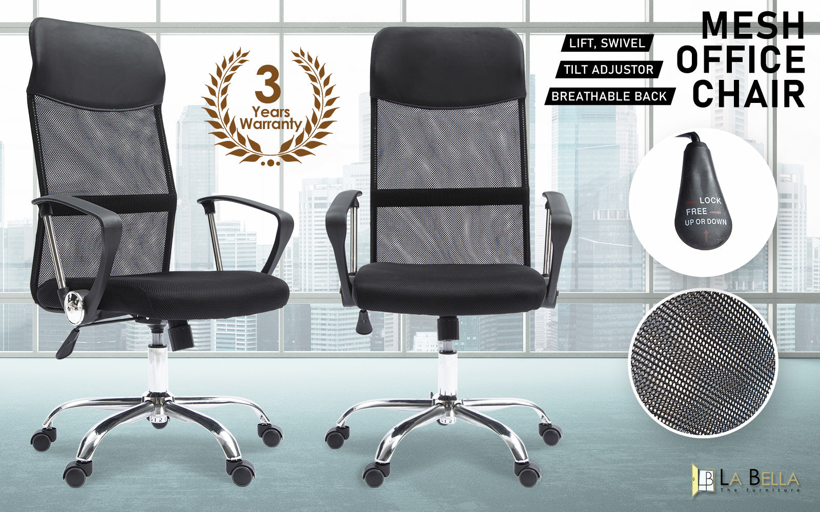 Office Chair Mesh High Back In-Built Lumbar BREEZE BLACK - Cosy Abode