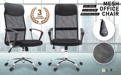 Office Chair Mesh High Back In-Built Lumbar BREEZE BLACK - Cosy Abode