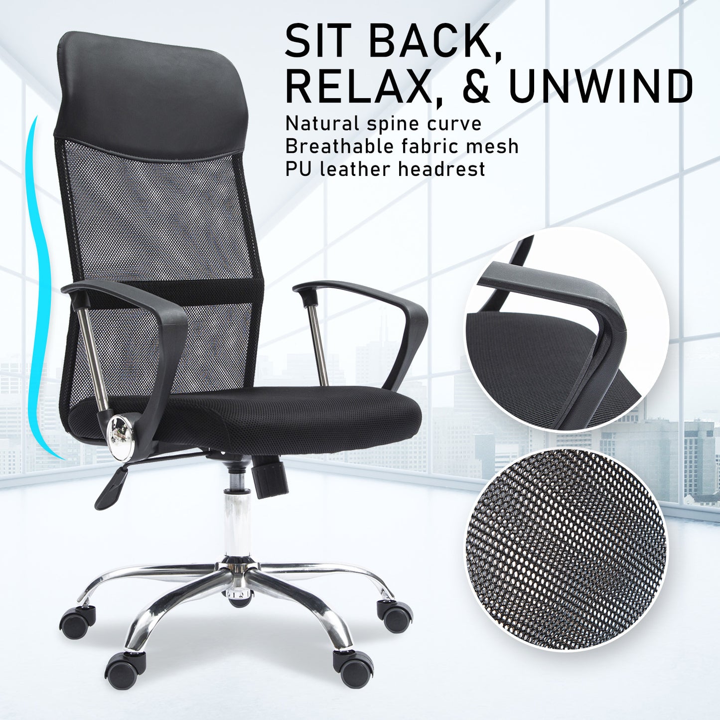 Office Chair Mesh High Back In-Built Lumbar BREEZE BLACK - Cosy Abode