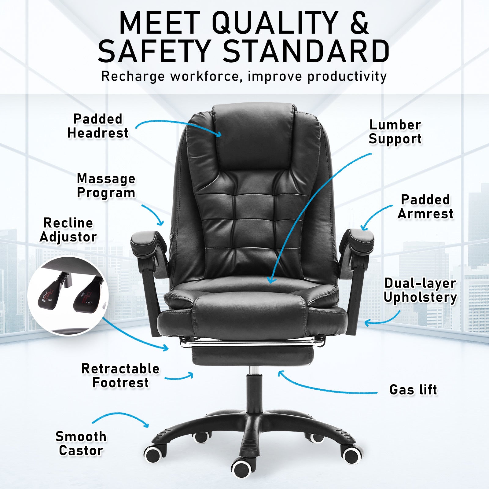 La Bella Black Massage Footrest Ergonomic Executive Office Chair - Cosy Abode