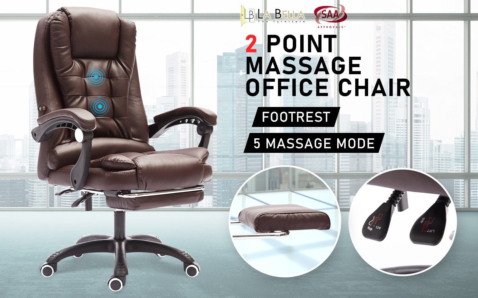 La Bella Espresso Massage Footrest Ergonomic Executive Office Chair - Cosy Abode