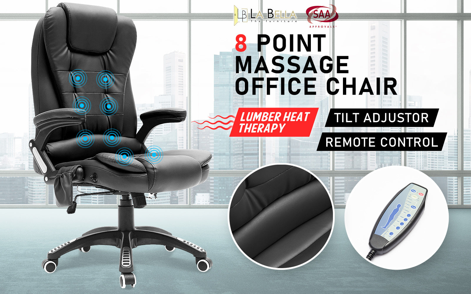 La Bella Black Massage 8 Point Vibration Heated Ergonomic Executive Office Chair - Cosy Abode