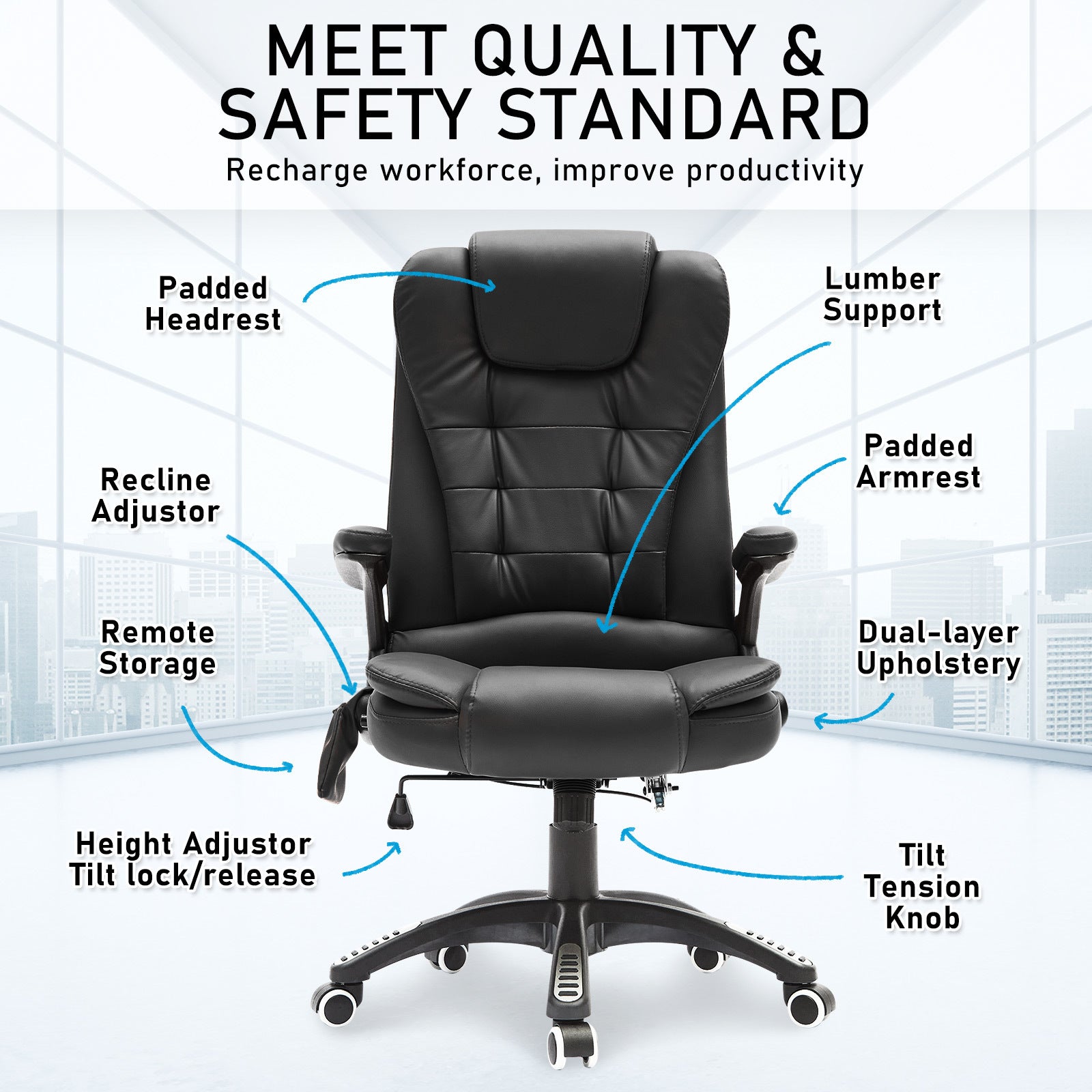 La Bella Black Massage 8 Point Vibration Heated Ergonomic Executive Office Chair - Cosy Abode