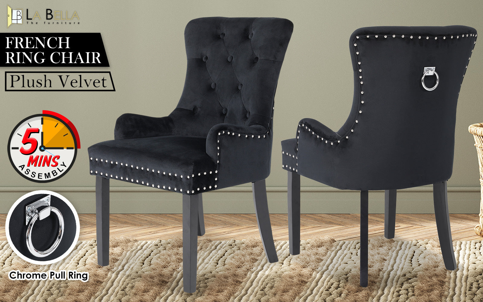 French Provincial Dining Chair Ring Studded Velvet Rubberwood Leg LISSE BLACK - Cosy Abode