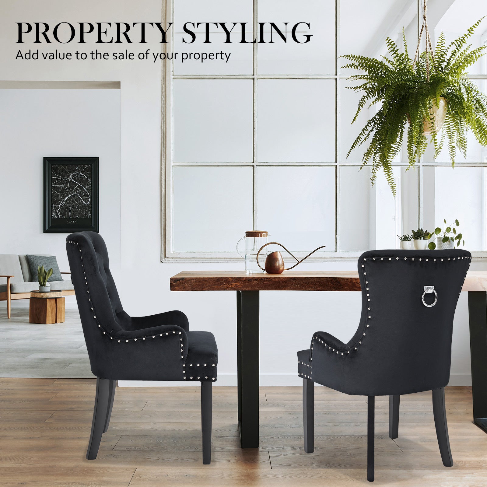 French Provincial Dining Chair Ring Studded Velvet Rubberwood Leg LISSE BLACK - Cosy Abode