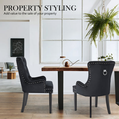 French Provincial Dining Chair Ring Studded Velvet Rubberwood Leg LISSE BLACK - Cosy Abode