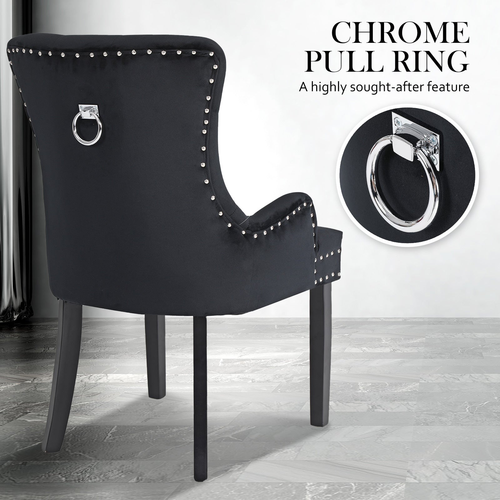 French Provincial Dining Chair Ring Studded Velvet Rubberwood Leg LISSE BLACK - Cosy Abode