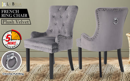 French Provincial Dining Chair Ring Studded Velvet Rubberwood Leg LISSE GREY - Cosy Abode