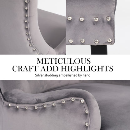 French Provincial Dining Chair Ring Studded Velvet Rubberwood Leg LISSE GREY - Cosy Abode