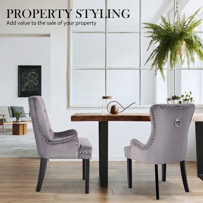 French Provincial Dining Chair Ring Studded Velvet Rubberwood Leg LISSE GREY - Cosy Abode