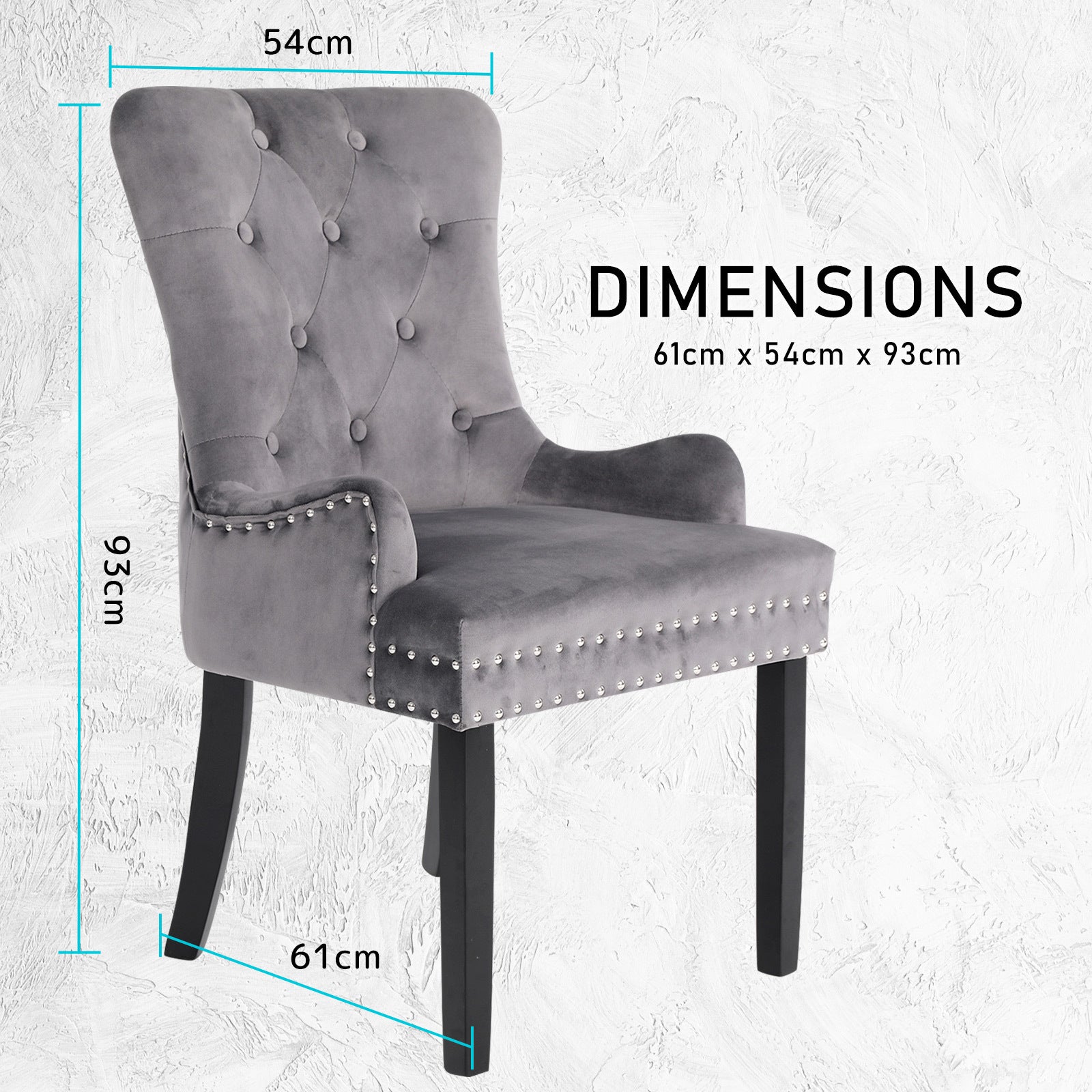 French Provincial Dining Chair Ring Studded Velvet Rubberwood Leg LISSE GREY - Cosy Abode