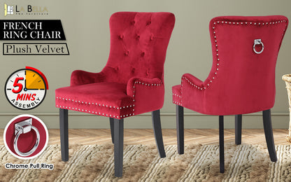 French Provincial Dining Chair Ring Studded Velvet Rubberwood Leg LISSE BORDEAUX RED - Cosy Abode