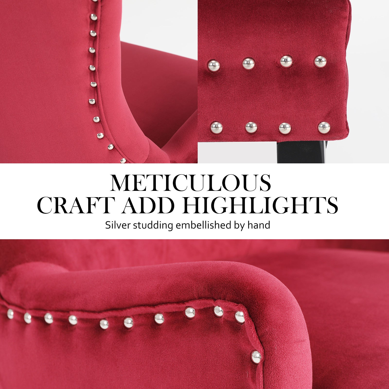 French Provincial Dining Chair Ring Studded Velvet Rubberwood Leg LISSE BORDEAUX RED - Cosy Abode