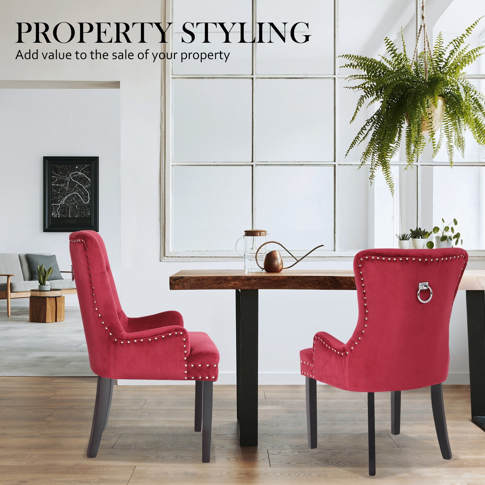 French Provincial Dining Chair Ring Studded Velvet Rubberwood Leg LISSE BORDEAUX RED - Cosy Abode