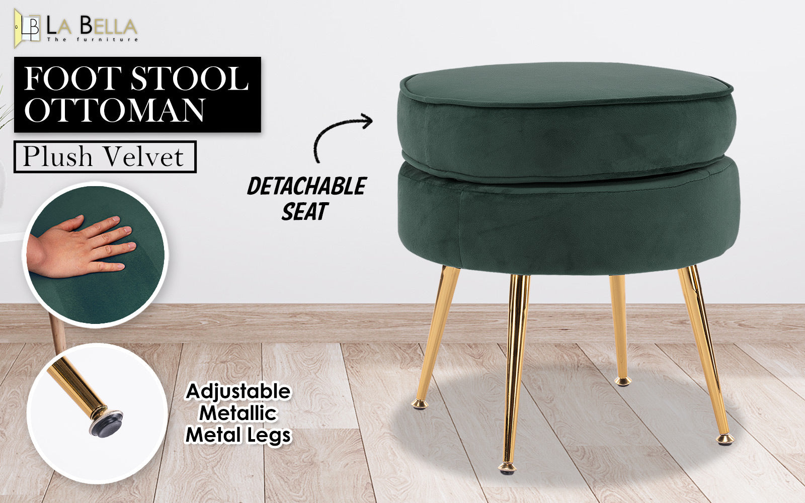 Ottoman Foot Stool Velvet Fabric Metal Leg Round - GREEN - Cosy Abode