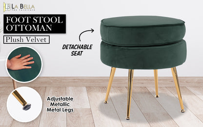 Ottoman Foot Stool Velvet Fabric Metal Leg Round - GREEN - Cosy Abode