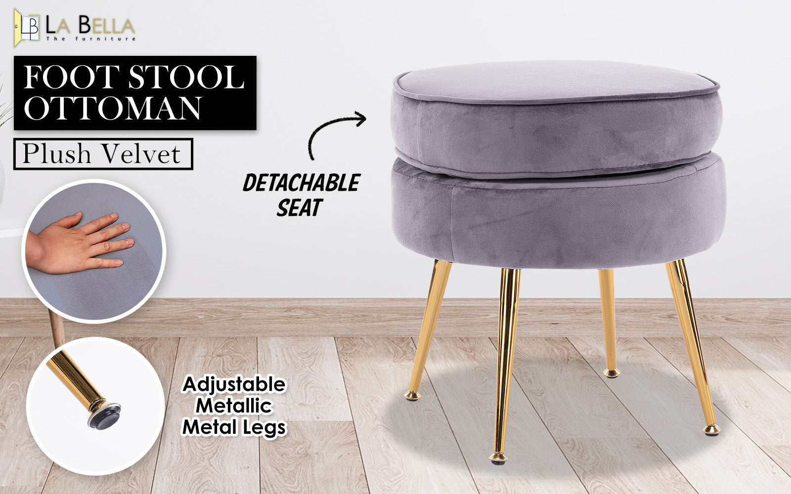 Ottoman Foot Stool Velvet Fabric Metal Leg Round - GREY - Cosy Abode