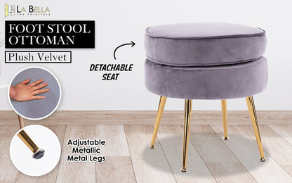 Ottoman Foot Stool Velvet Fabric Metal Leg Round - GREY - Cosy Abode