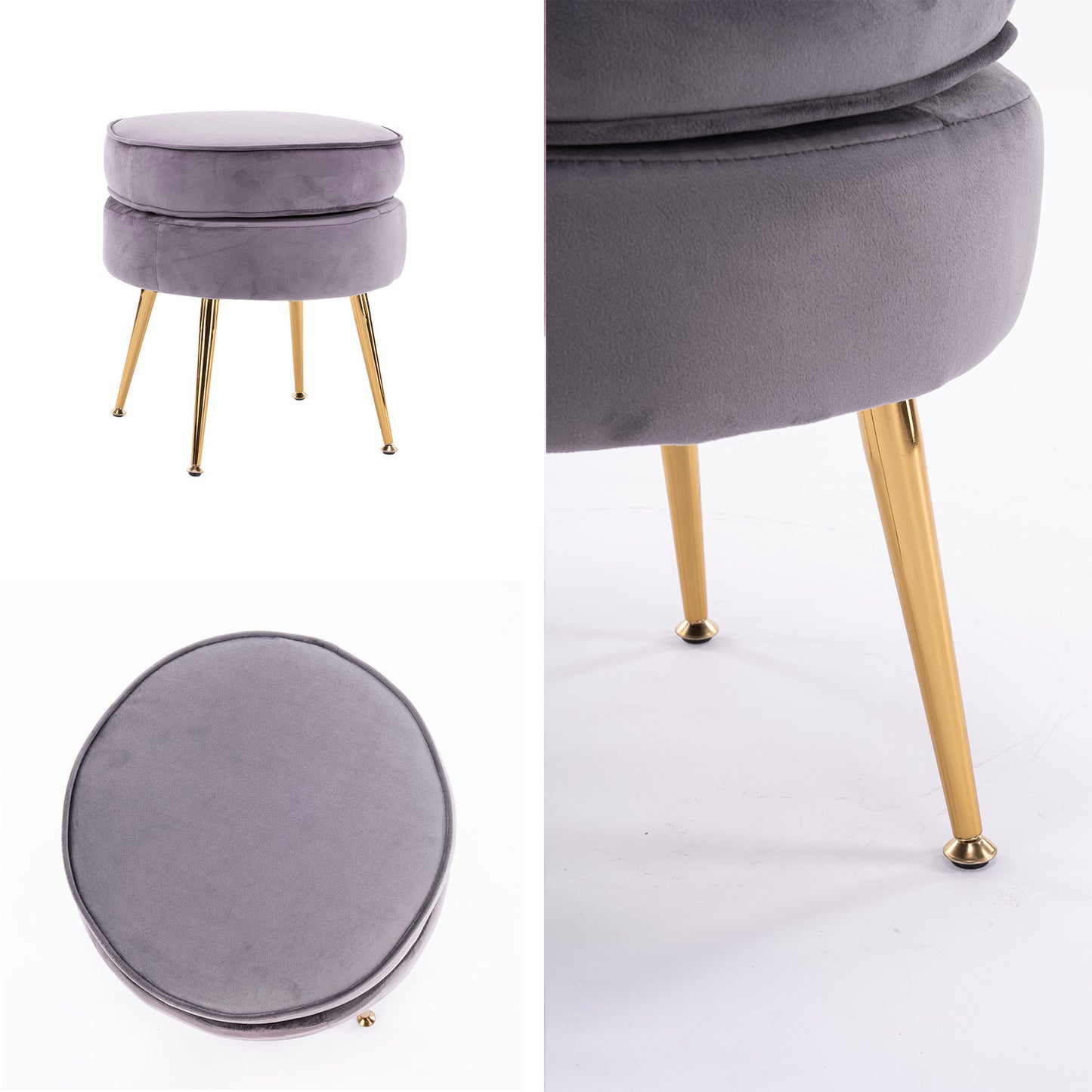 Ottoman Foot Stool Velvet Fabric Metal Leg Round - GREY - Cosy Abode