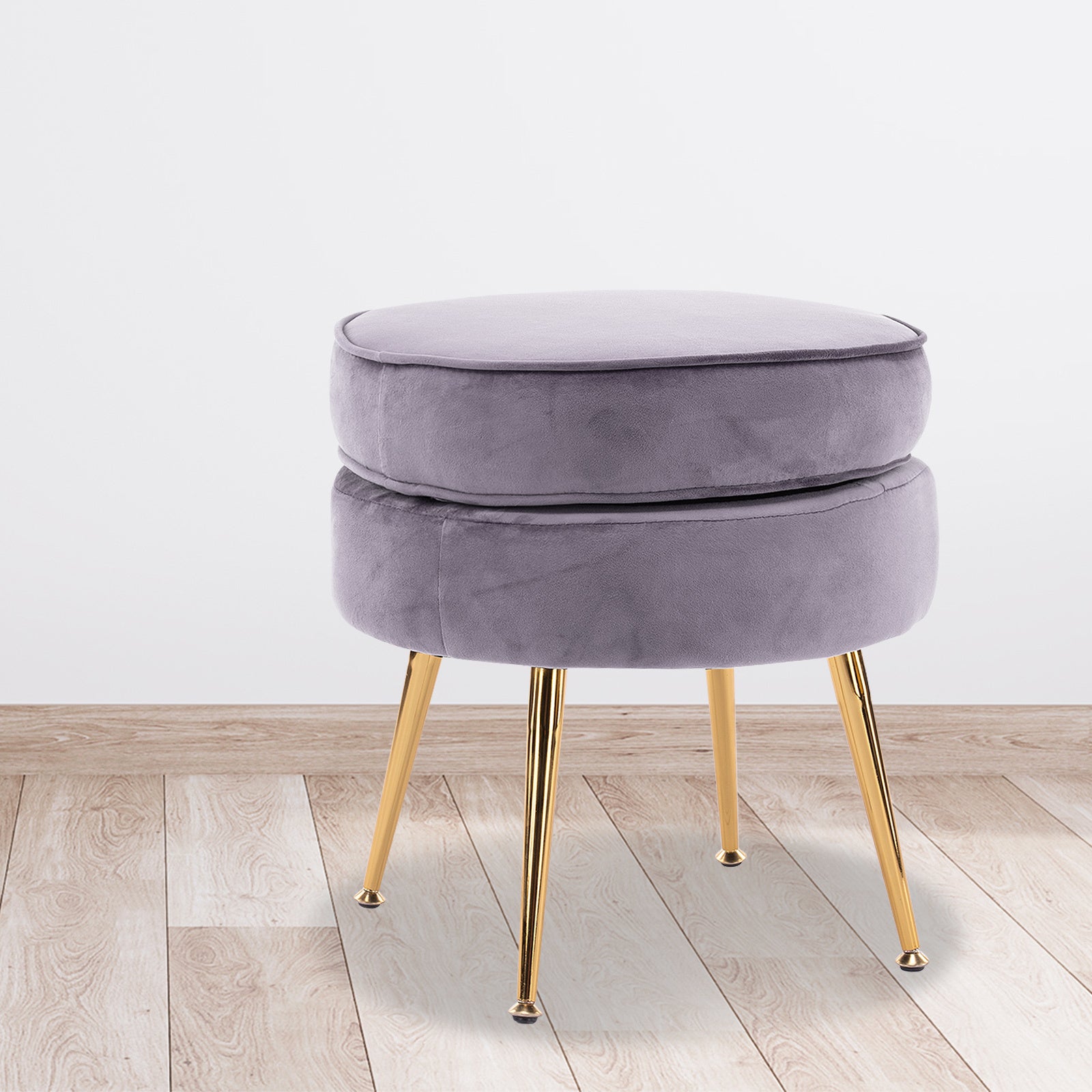 Ottoman Foot Stool Velvet Fabric Metal Leg Round - GREY - Cosy Abode
