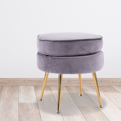 Ottoman Foot Stool Velvet Fabric Metal Leg Round - GREY - Cosy Abode