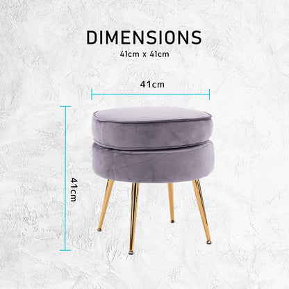 Ottoman Foot Stool Velvet Fabric Metal Leg Round - GREY - Cosy Abode