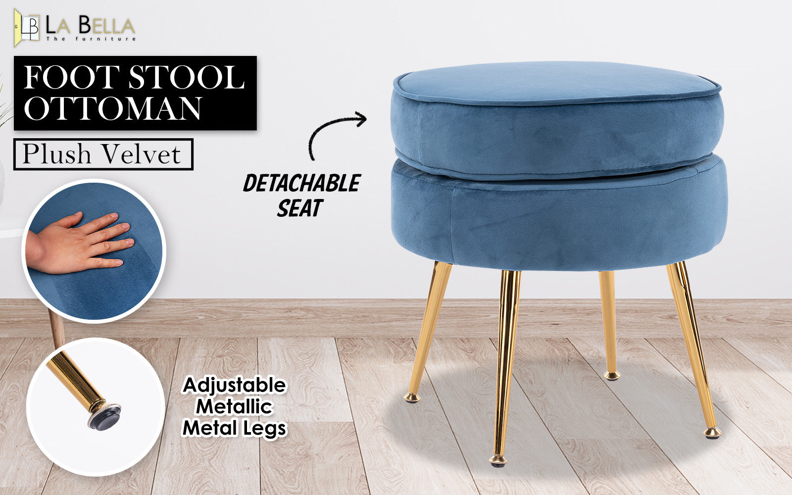 Ottoman Foot Stool Velvet Fabric Metal Leg Round - NAVY BLUE - Cosy Abode