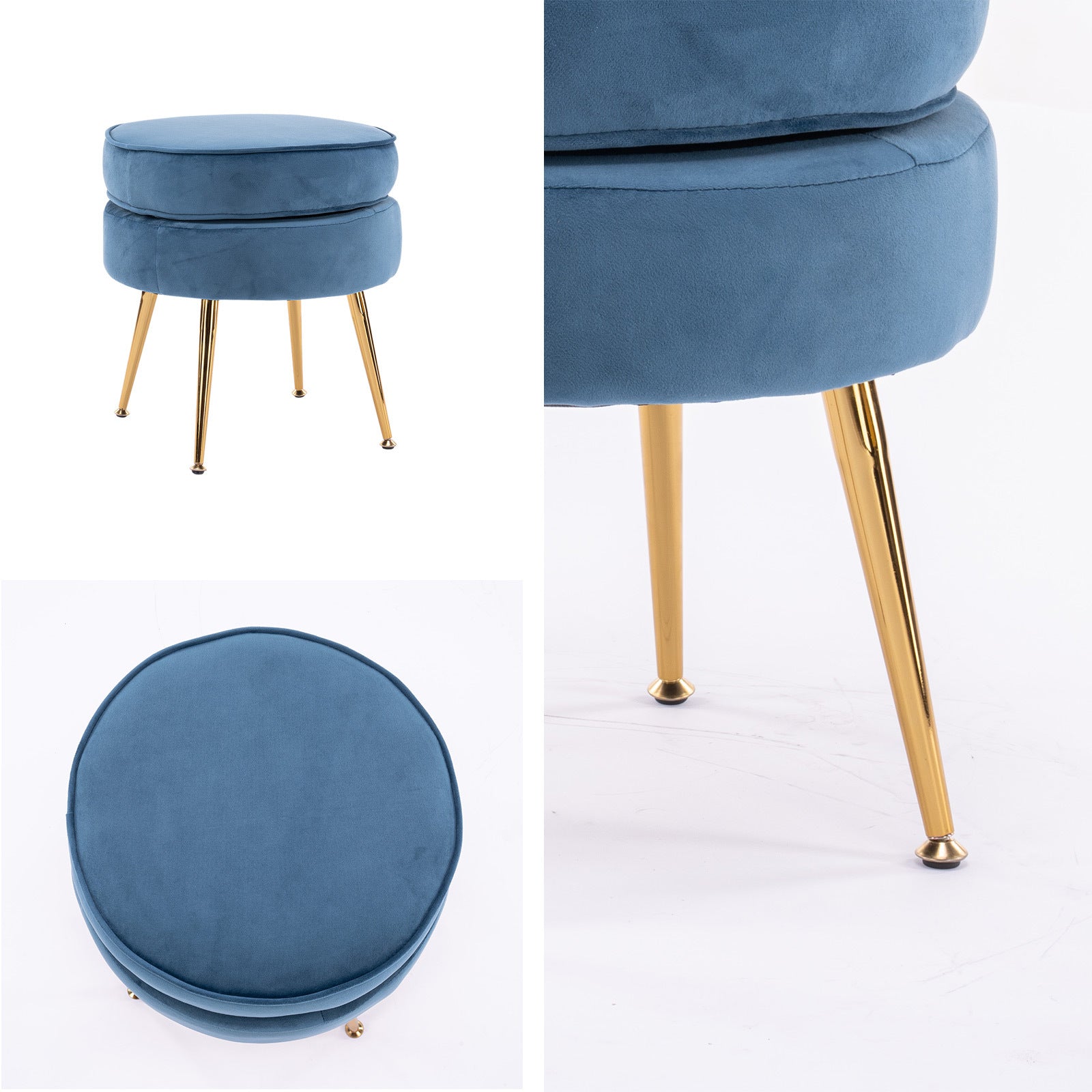 Ottoman Foot Stool Velvet Fabric Metal Leg Round - NAVY BLUE - Cosy Abode