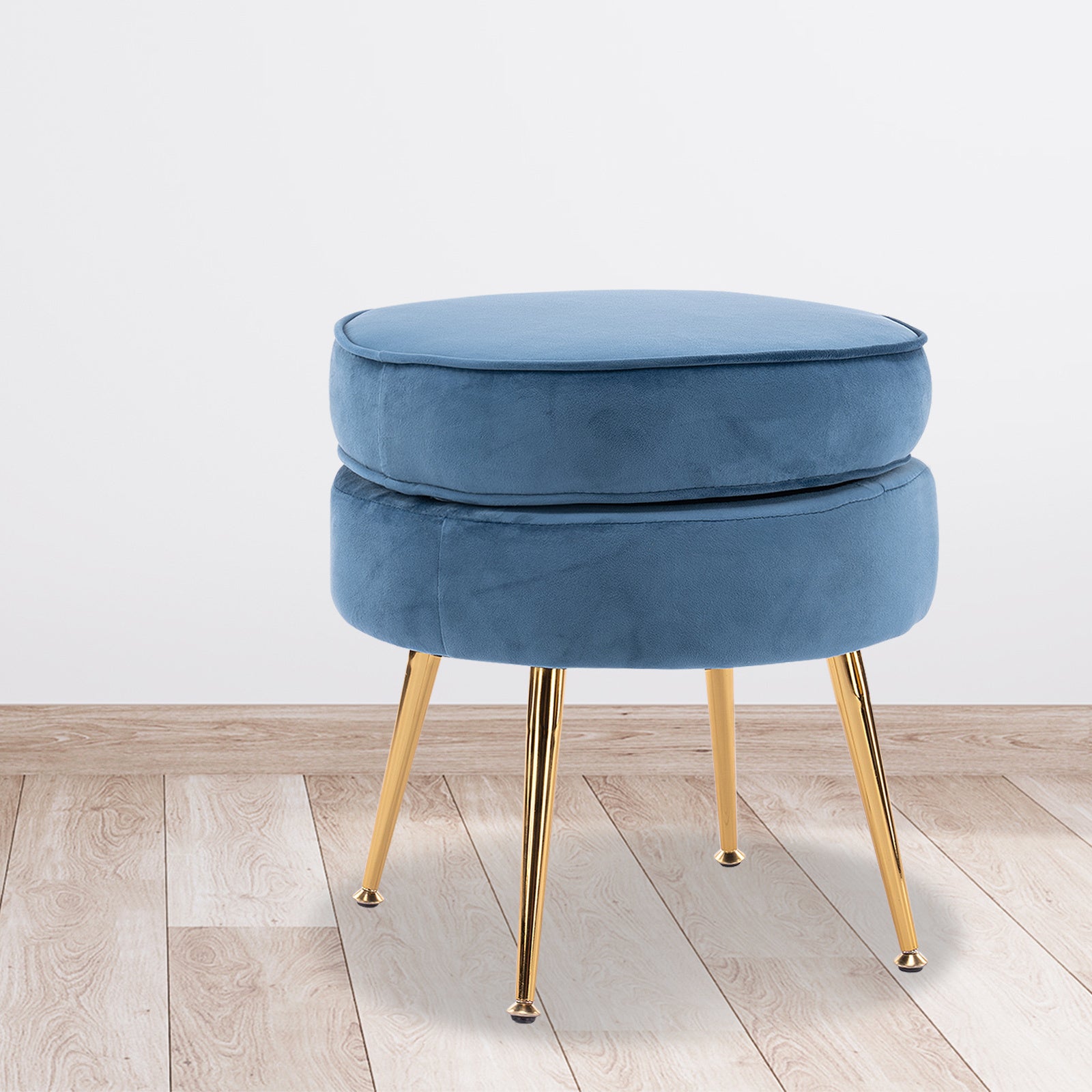 Ottoman Foot Stool Velvet Fabric Metal Leg Round - NAVY BLUE - Cosy Abode