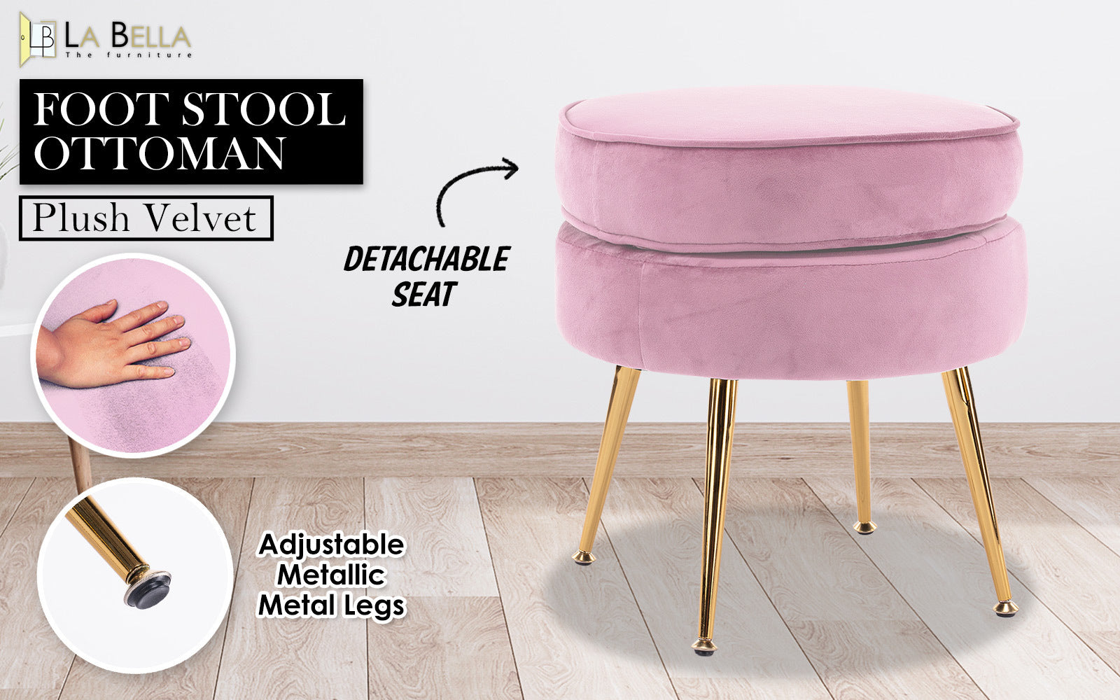 Ottoman Foot Stool Velvet Fabric Metal Leg Round - PINK - Cosy Abode