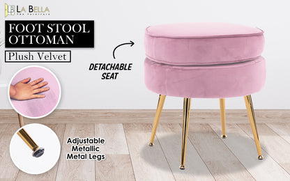 Ottoman Foot Stool Velvet Fabric Metal Leg Round - PINK - Cosy Abode