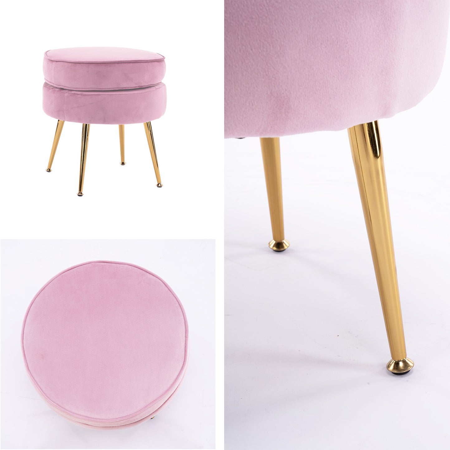 Ottoman Foot Stool Velvet Fabric Metal Leg Round - PINK - Cosy Abode