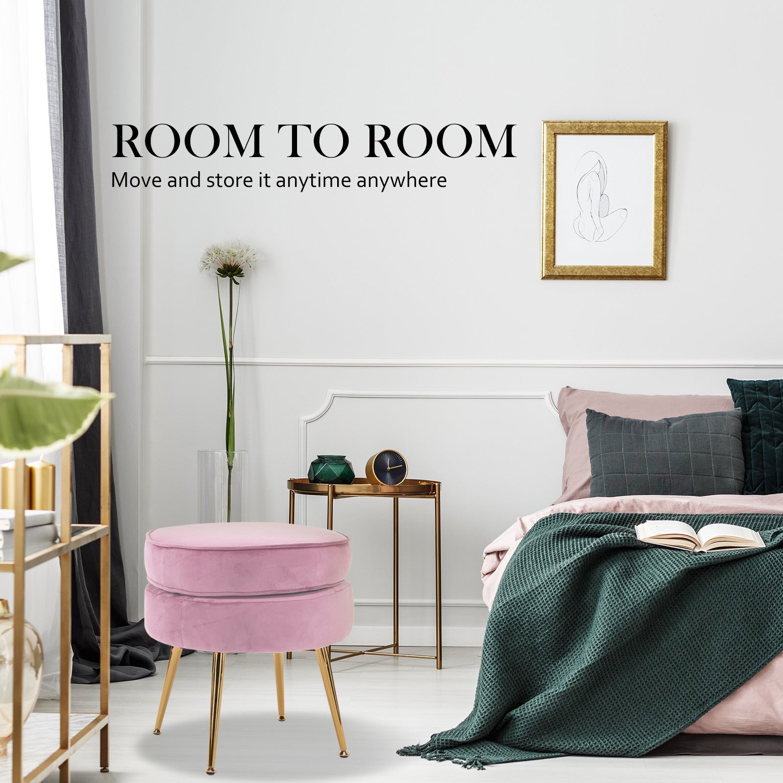 Ottoman Foot Stool Velvet Fabric Metal Leg Round - PINK - Cosy Abode