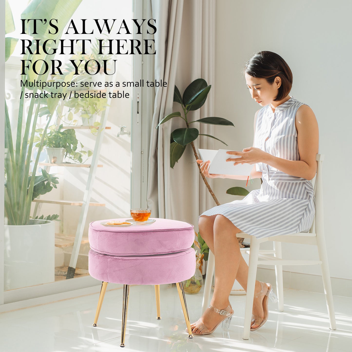 Ottoman Foot Stool Velvet Fabric Metal Leg Round - PINK - Cosy Abode